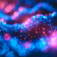 光に反応する電気信号のウェーブ、ピンク色と青色の立体的なネットワークの写真
