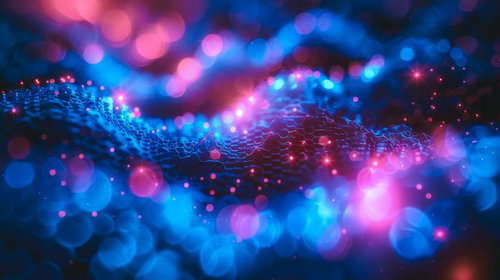 光に反応する電気信号のウェーブ、ピンク色と青色の立体的なネットワーク