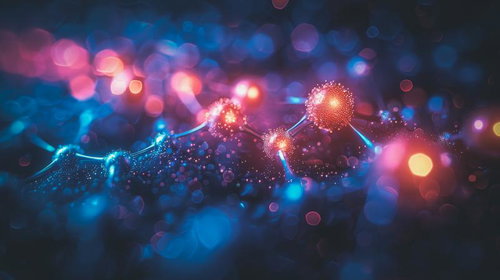 光を放つ病原体と細胞風のAI画像素材：医療バイオテクノロジー向け