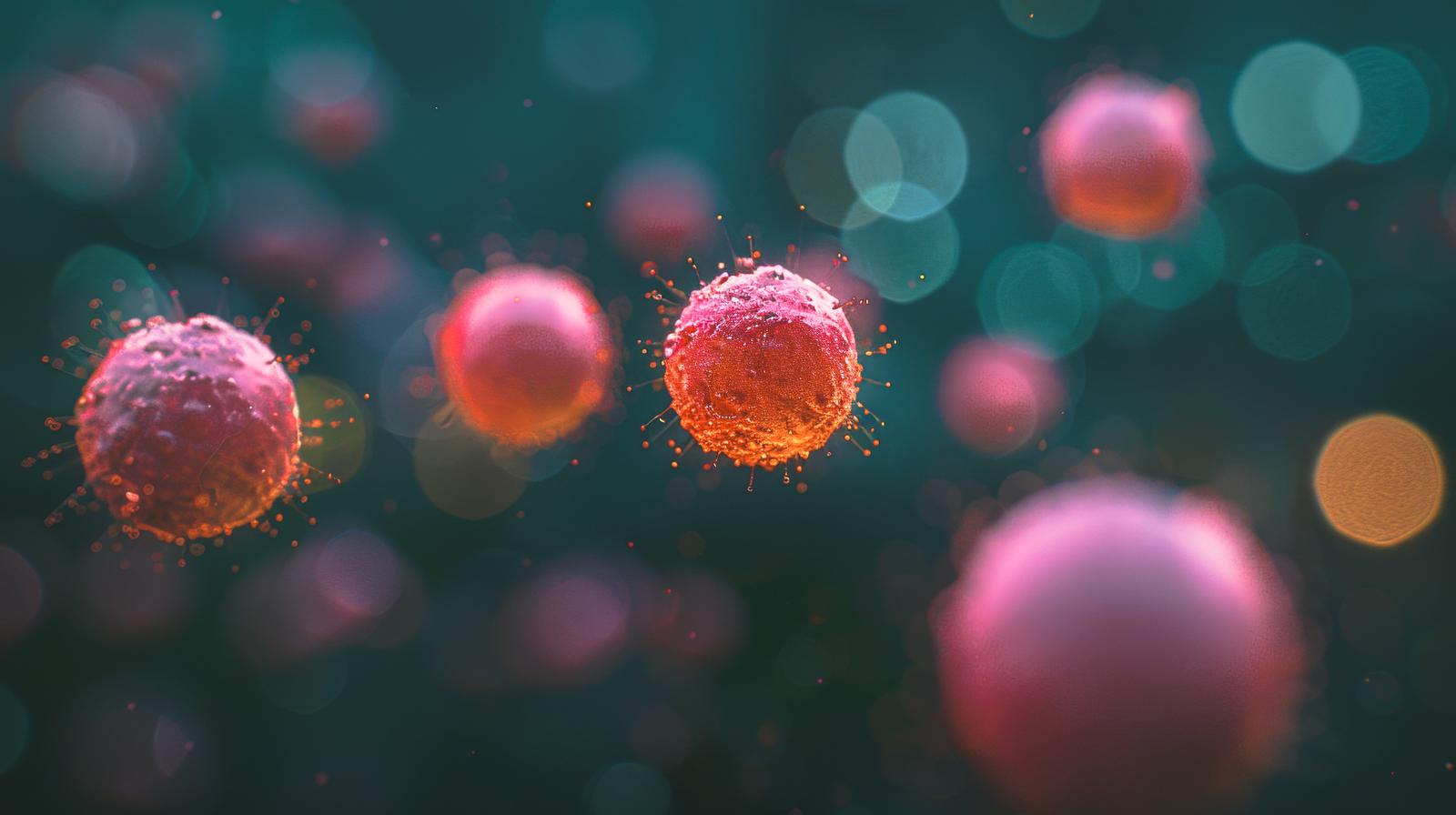 ピンク色とオレンジ色に発光する複数のウイルス粒子が浮遊している画像