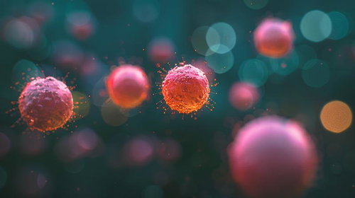 ピンク色に発光するウイルスが浮く様子を描いた医療テーマの3D