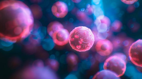 ピンク色に発光するウイルス・病原体の細胞画像