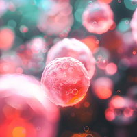 ピンク色に輝く球体のアレルギー物質風の写真