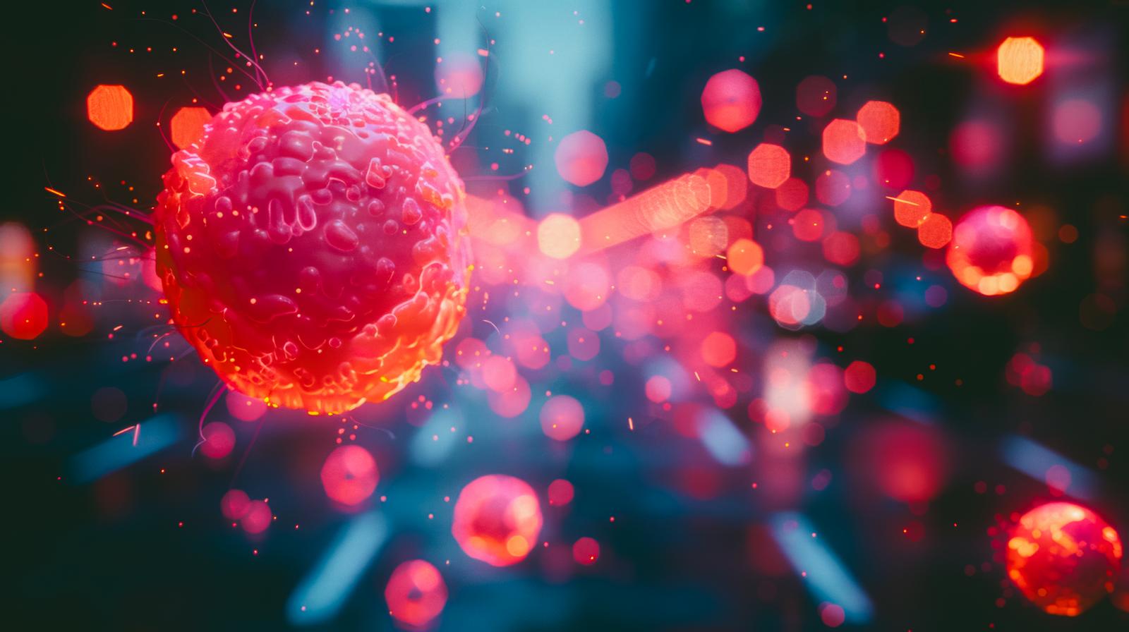 赤オレンジに発光する悪性球体と浮遊するウイルス粒子のAI生成画像