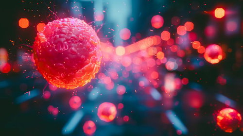 赤く発光する悪性の球体とウイルス粒子の医学教育向けイラスト