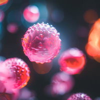 ピンク色に光るウイルスのようなゴツゴツした球体の写真