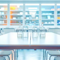 ガラス製ビーカーが並ぶ研究する実験室の科学実験風景の写真