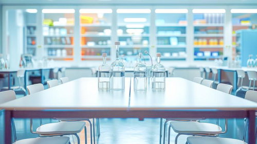 ガラス製ビーカーが並ぶ研究する実験室の科学実験風景