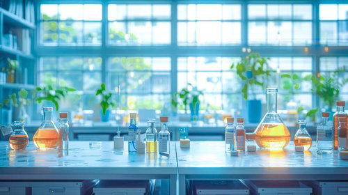 採光性の高い研究室のデスク上に並ぶ実験器具