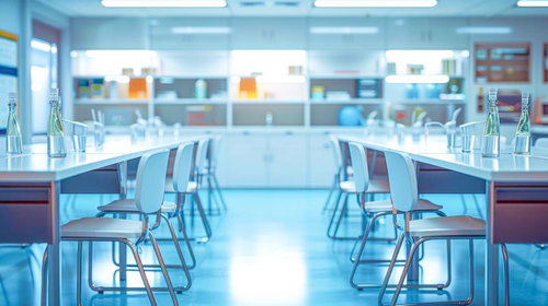 清潔感ある研究室の会議テーブルと実験機器