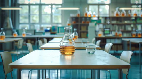 自然光に照らされる実験室の机上のフラスコ