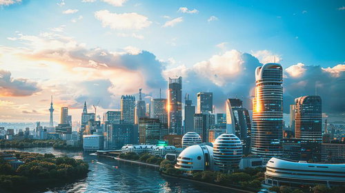 近未来型の都市景観と球体建築、川沿いの緑化ハイテク都市