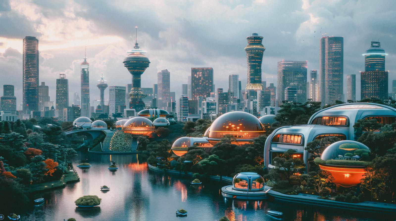 近未来都市風景。球体ドーム建築と高層ビルが立ち並ぶ夜の都市景観