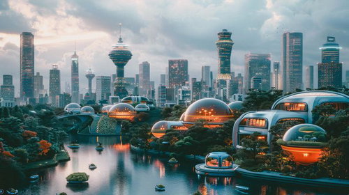 近未来な建物群と球体構造物が立ち並ぶ都会風景