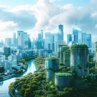 緑に覆われた近未来都市のビル群と河川沿いの樹林景観の写真