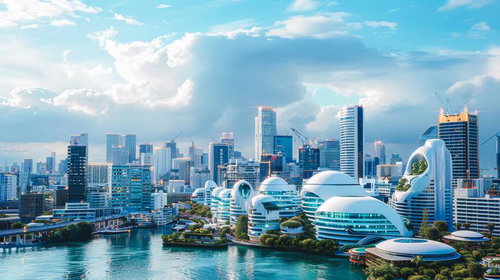 近未来風の建築物と高層ビル群が立ち並ぶ都会