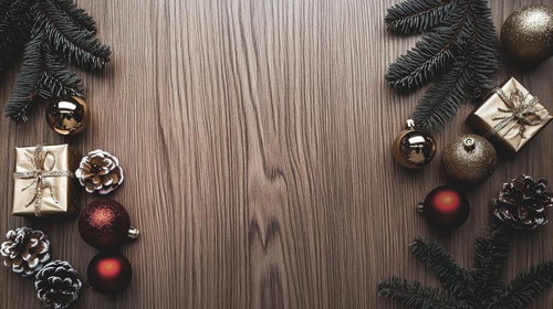 ナチュラルな木目テーブルに広がるクリスマスデコレーション