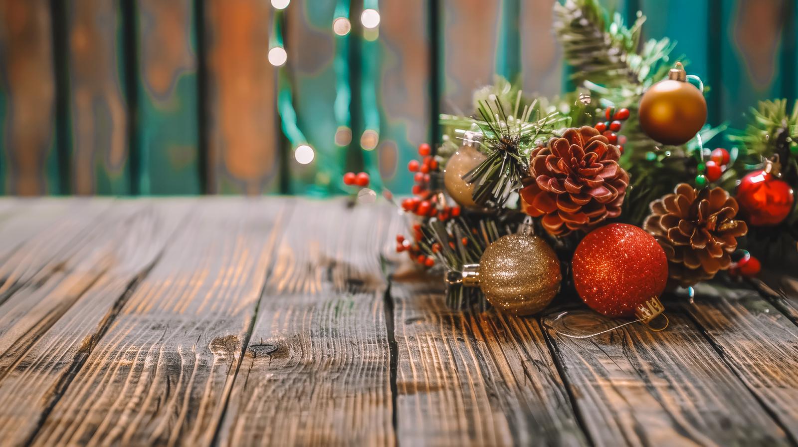 木目のテーブルに赤とゴールドのオーナメント、松ぼっくり、モミの枝を配置したクリスマス装飾