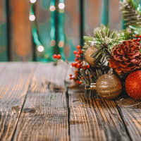 ヴィンテージ感のある木目テーブルとクリスマスデコレーションの写真
