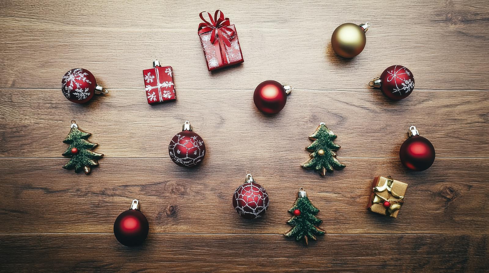 木製テーブルにクリスマスオーナメントとプレゼント、装飾品が配置された画像