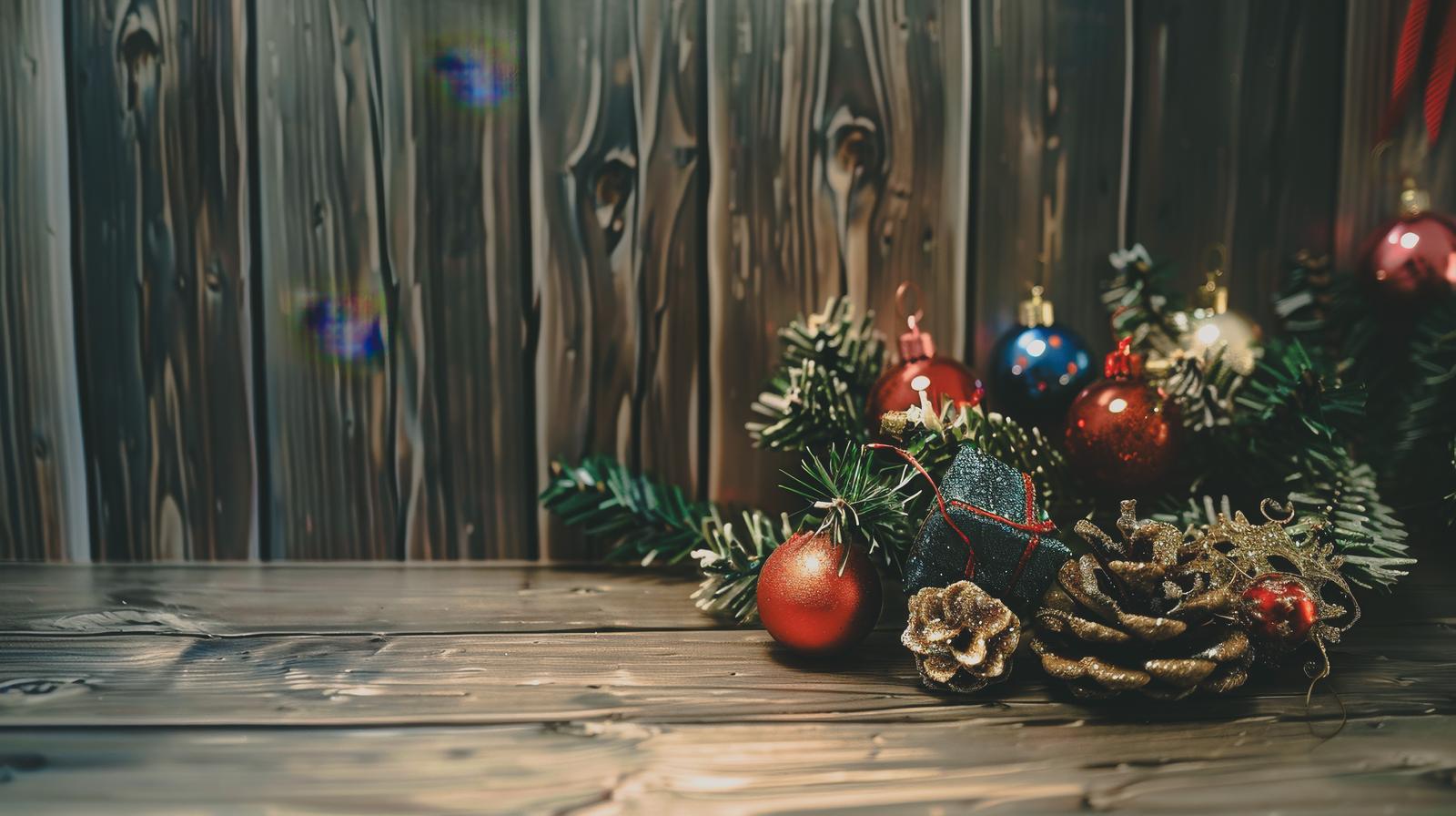 松ぼっくりとクリスマスオーナメント、グリーンの枝葉が木目テーブルに配置された画像