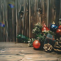 松ぼっくりと赤いオーナメントが彩るクリスマスの木目テーブルの写真