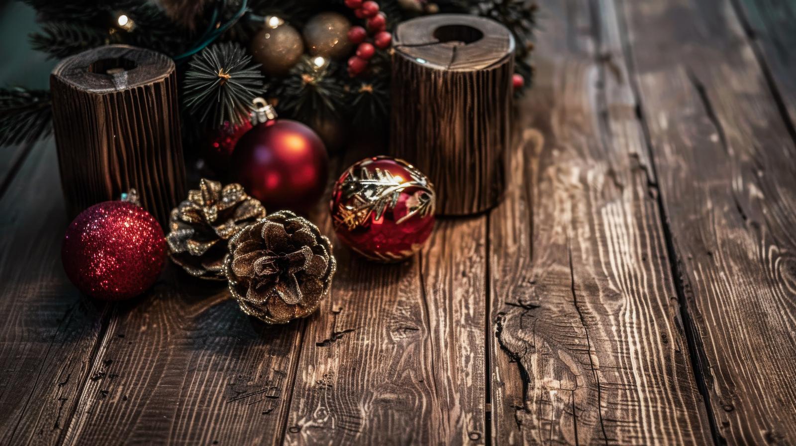 アンティーク木目テーブルの上に赤と金色のクリスマスオーナメントが並ぶ