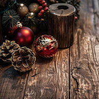 アンティーク調の木目テーブルに並べたクリスマスオーナメントの写真