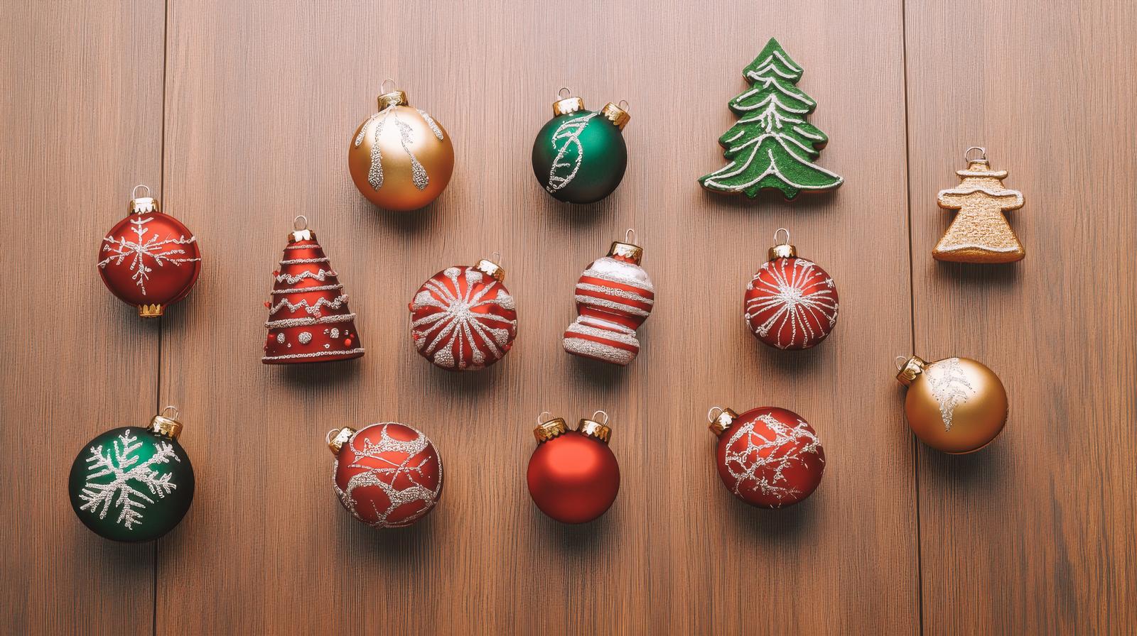 赤と緑のクリスマスオーナメントと装飾品が木製テーブルに並べられている