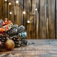木目調の温かみのある背景に映えるクリスマスオーナメントと松ぼっくりの写真