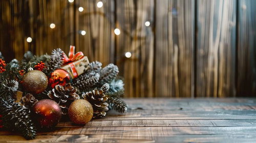 木目調の温かみのある背景に映えるクリスマスオーナメントと松ぼっくり