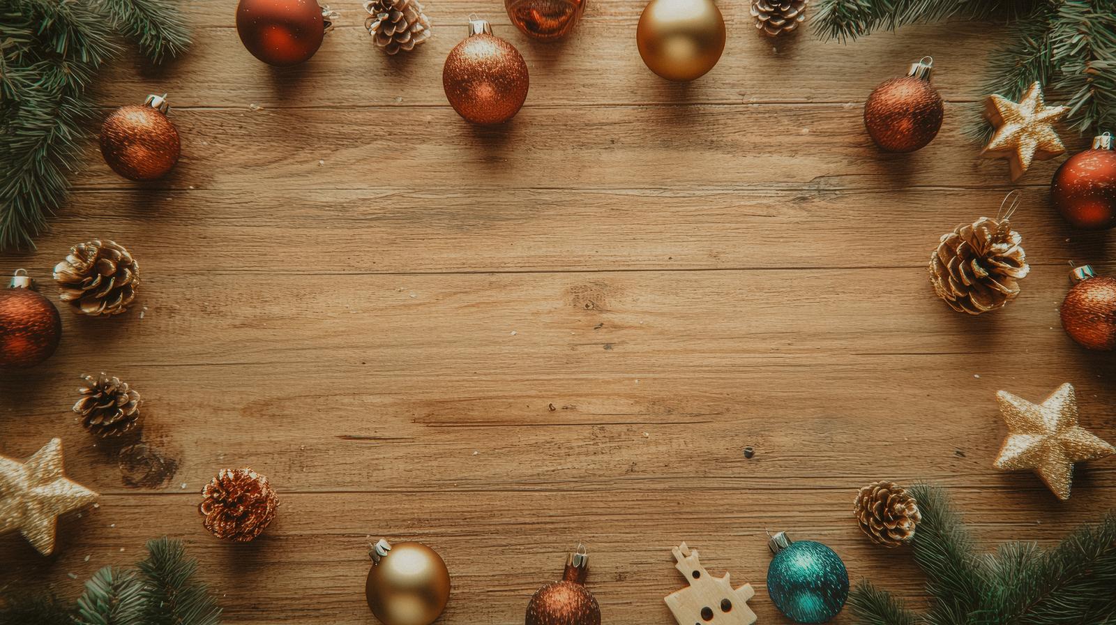 木製テーブルにマットなクリスマスオーナメントと松ぼっくりを配置したクリスマス装飾