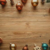 木製テーブルに飾られたマットなクリスマスオーナメントのAI画像