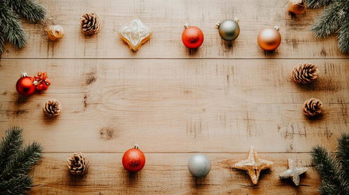 クリスマスの装飾が並ぶ木製テーブル上のオーナメントと松ぼっくり