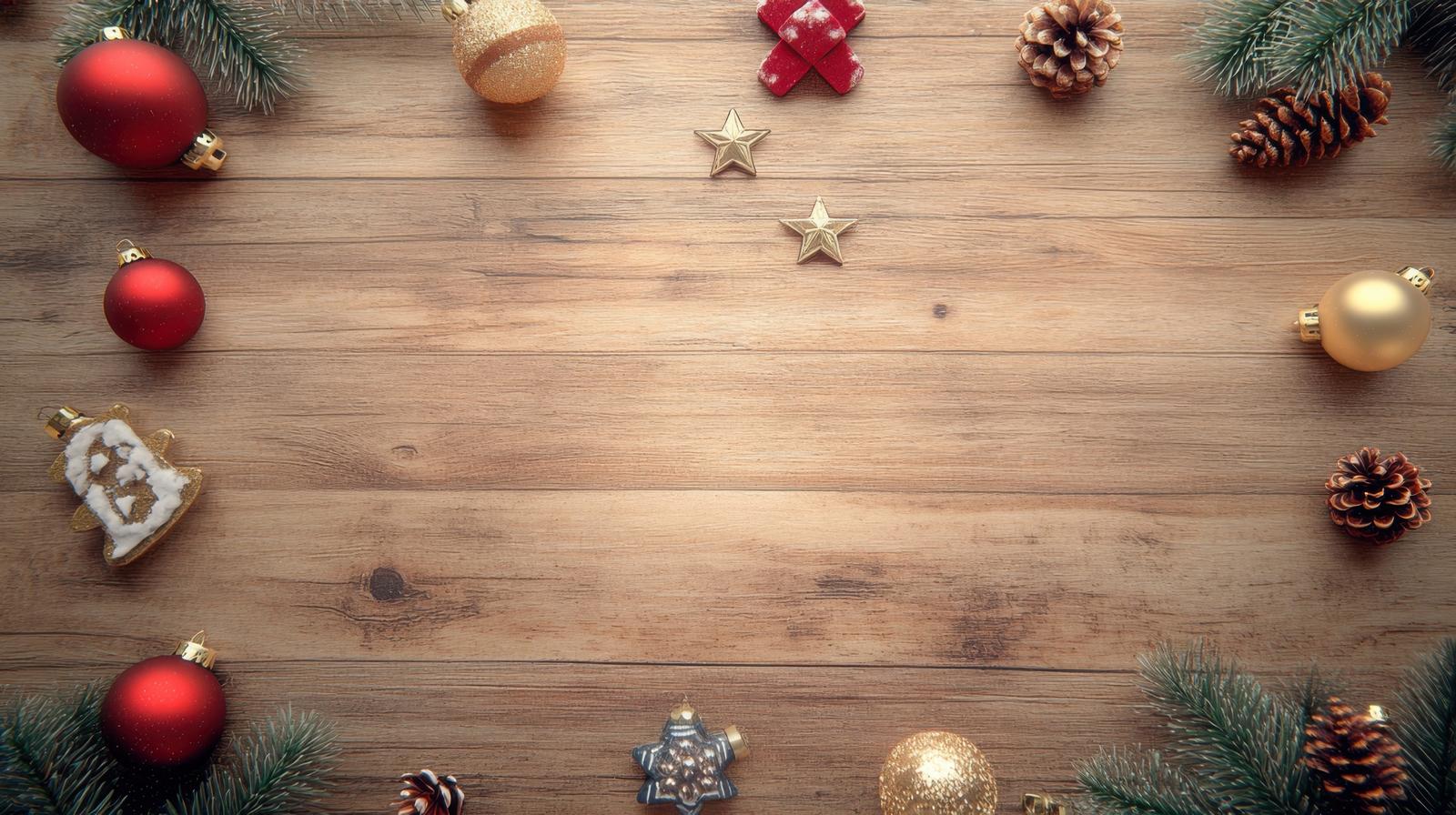 クリスマスオーナメントと松ぼっくりで飾られた木目調テーブル