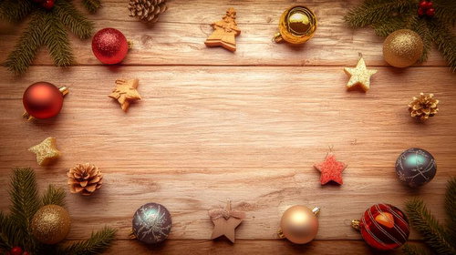 クリスマスデコレーションが縁取る木製テーブルの上の素朴なウッドボード