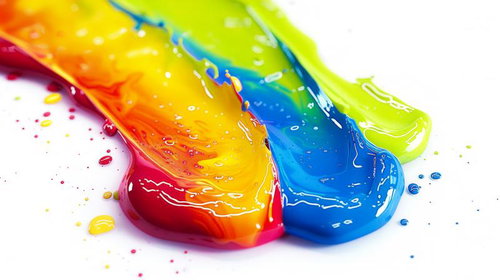 虹色に融合する絵の具とカラーインク、白背景での流動表現