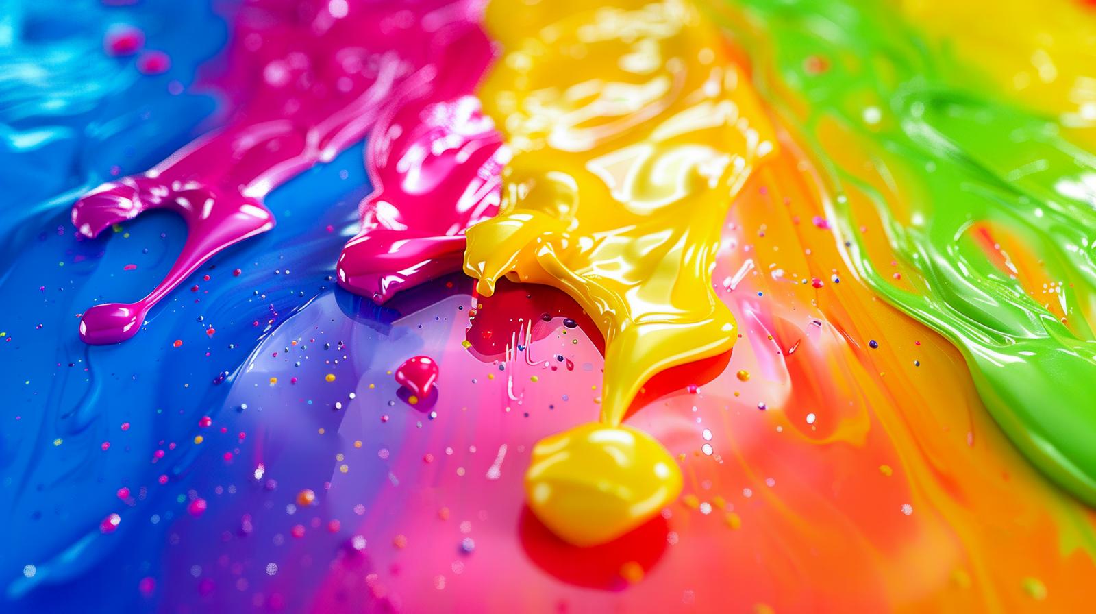 虹色に混ざり合う液状の絵の具とペイント、粒子が散在