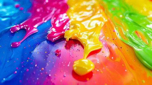 虹色に流れる鮮やかな絵の具とペイント、カラフルな液体混色
