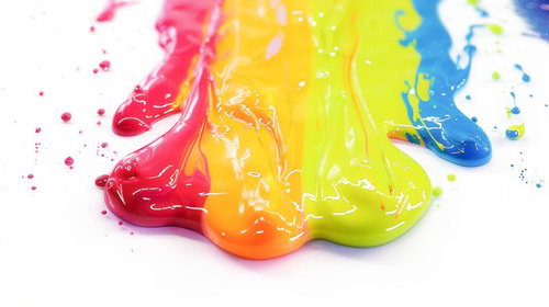 虹色に流れ落ちる絵の具の混ざり合い、カラフルなペイント