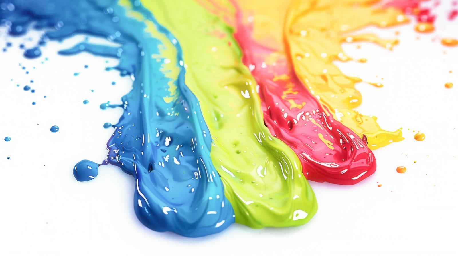 青、黄緑、ピンク、黄色の塗料が流動する動的なアート表現