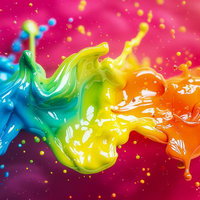 ペンキが滑らかに流れ込む虹色の混色の瞬間の写真
