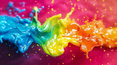 ペンキが滑らかに流れ込む虹色の混色の瞬間