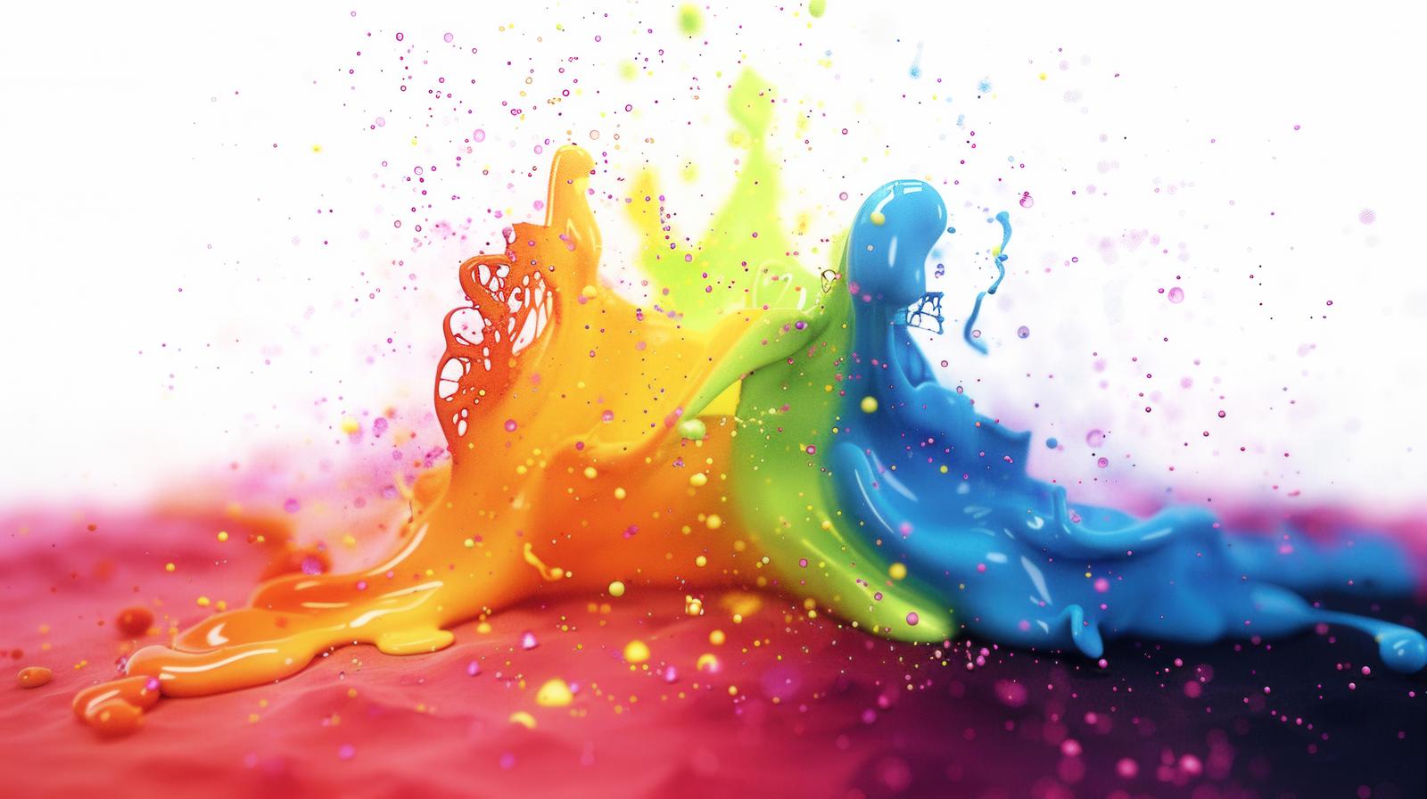 赤から黄緑、青へグラデーションする色彩が混ざり合い、粒子が飛び散る抽象的な液体表現