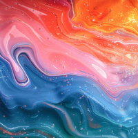 青とピンクとオレンジの絵の具が流動的に混合する抽象アートの写真