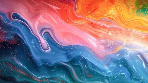 青とピンクとオレンジの絵の具が流動的に混合する抽象アート