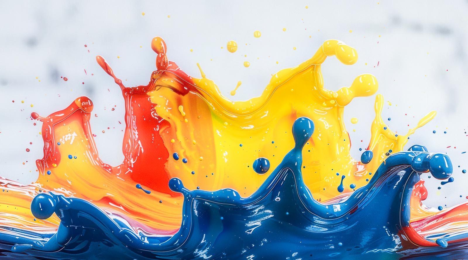 赤・黄・青の塗料が波状に混ざり合い、液体の粒が飛び散る様子
