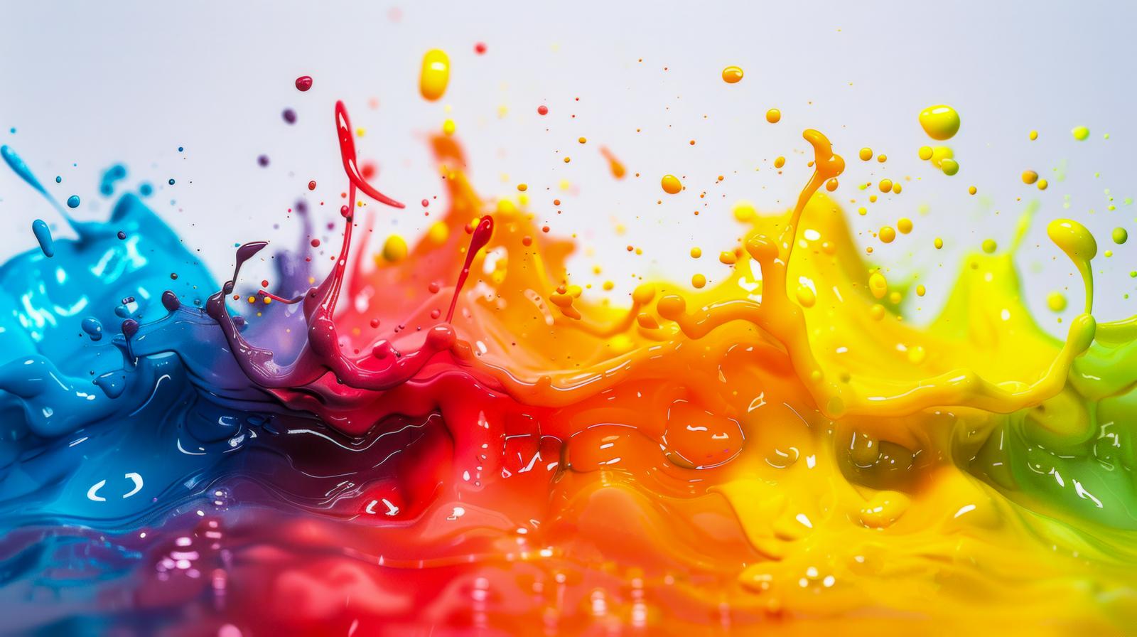 複数の色が激しくぶつかり合い液滴が散乱するカラフルな抽象的ペイントの画像