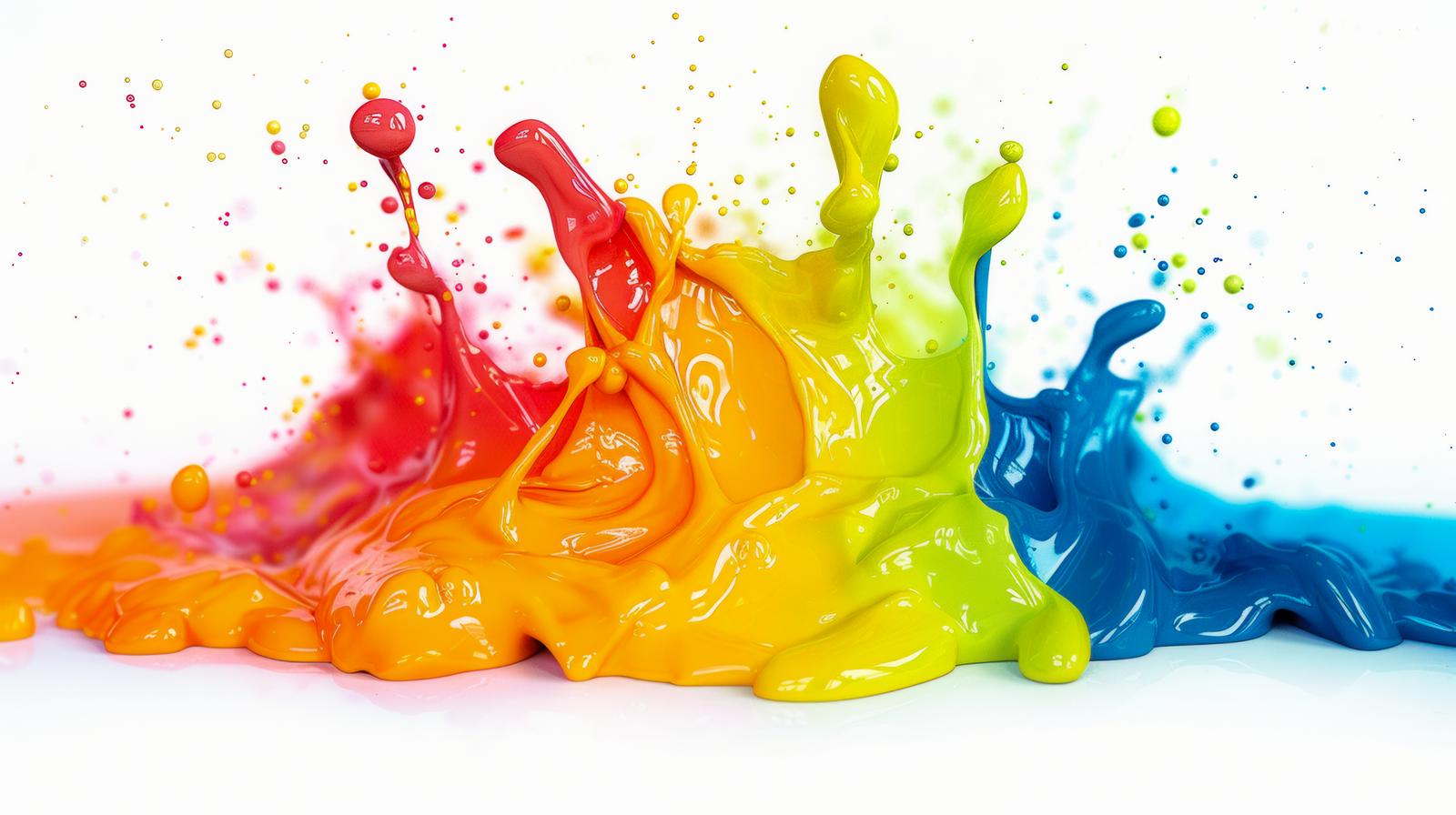 赤から青へ虹色に変化するペンキが混ざり合い、粒子が飛び散る様子