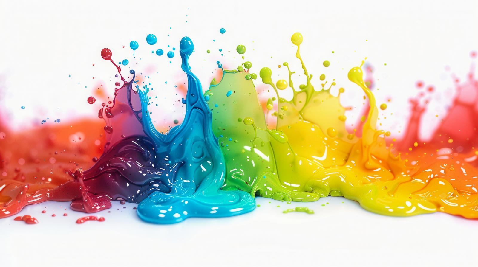 赤・青・黄などの色彩が混ざり合いながら空中で躍動する、カラフルなペンキの飛散